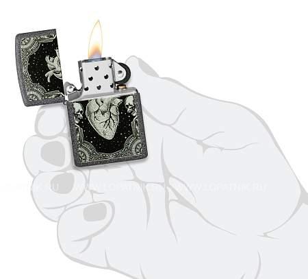 зажигалка zippo heart design с покрытием iron stone, латунь/сталь, серая, 38x13x57 мм 48720 Zippo