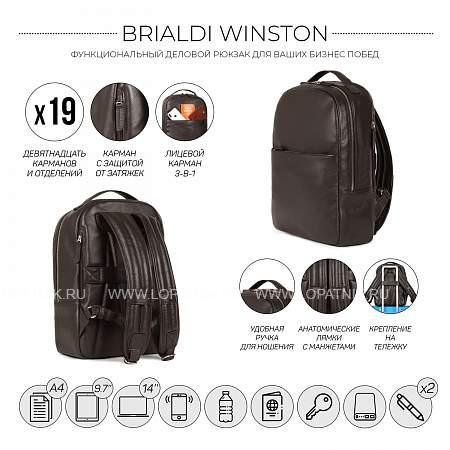 стильный деловой рюкзак с 19 карманами и отделениями brialdi winston (винстон) relief brown Brialdi
