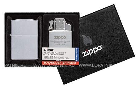 набор zippo: зажигалка 205 с покрытием satin chrome™ и газовый вставной блок с двойным пламенем Zippo