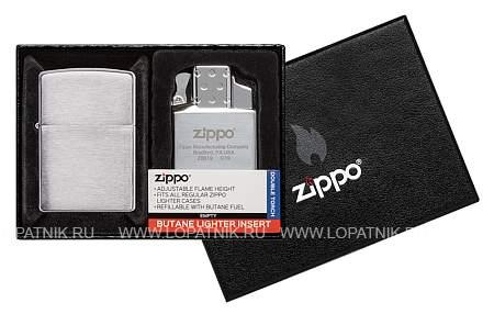 набор zippo: зажигалка 200 с покрытием brushed chrome и газовый вставной блок с двойным пламенем Zippo
