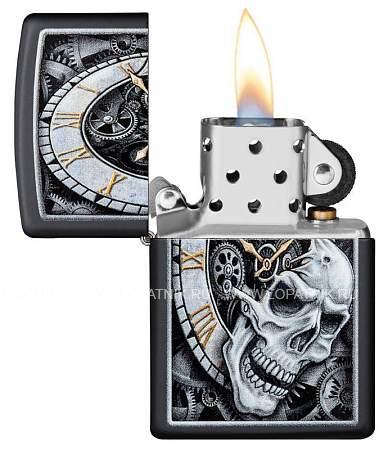 зажигалка zippo skull clock с покрытием black matte Zippo