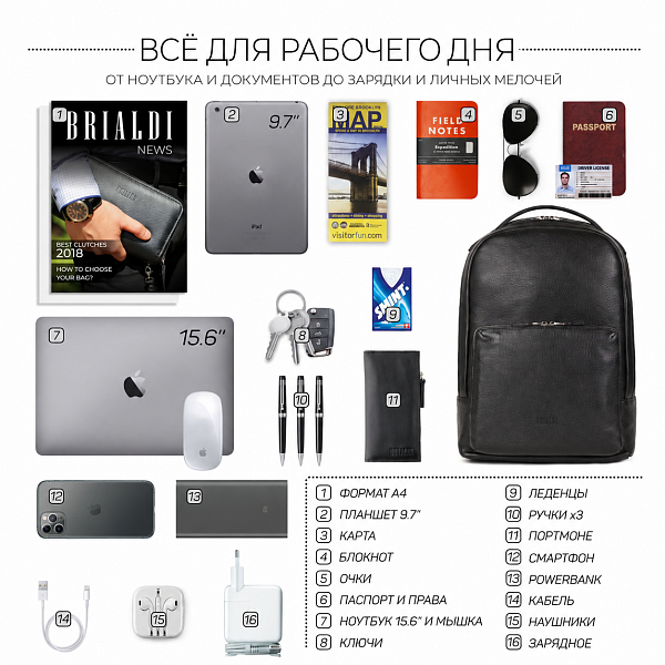 Мужской рюкзак с 2 автономными отделениями BRIALDI Daily (Дейли) relief black BR37166JZ Черный Brialdi, Артикул: BR37166JZ фото №1