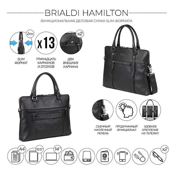 Мужская деловая сумка SLIM-формата для документов BRIALDI Hamilton (Гамильтон) relief black BR44550DR Черный Brialdi, Артикул: BR44550DR фото №1