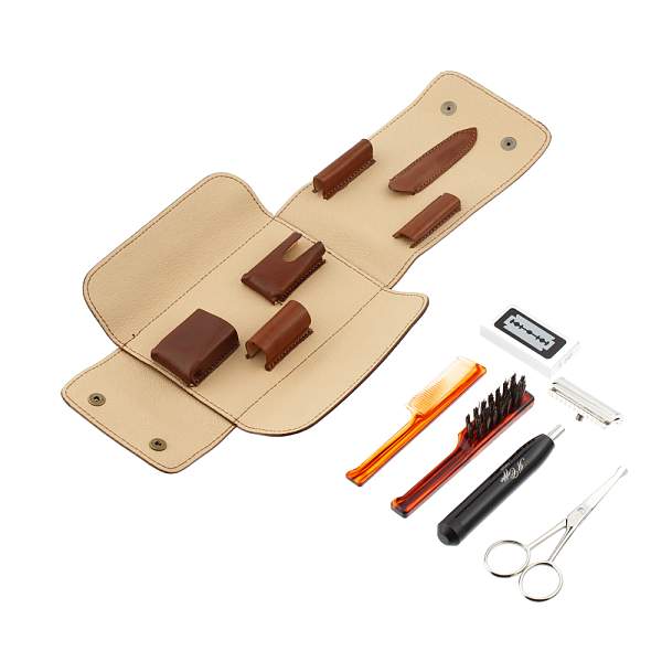 Дорожный бритвенный набор IL Ceppo в коричневом чехле: станок, лезвия, ножницы, щетка, расческа SV1210SM IL CEPPO, Артикул: SV1210SM фото №1