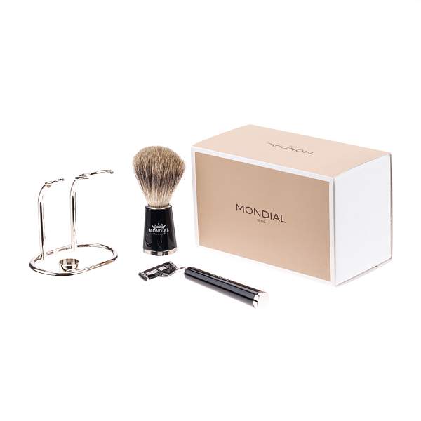 Бритвенный набор Mondial: станок, помазок, подставка; чёрная смола ST-365-NMT MONDIAL, Артикул: ST-365-NMT фото №1