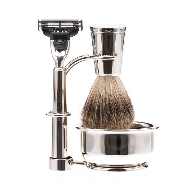 Бритвенный набор Mondial: станок, помазок, чаша, подставка; отполированный никель ST-465-LMT MONDIAL, Артикул: ST-465-LMT фото №1
