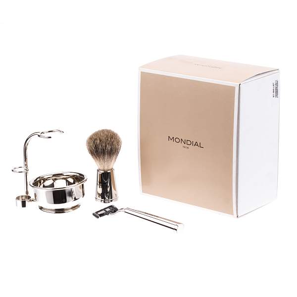Бритвенный набор Mondial: станок, помазок, чаша, подставка; отполированный никель ST-465-LMT MONDIAL, Артикул: ST-465-LMT фото №1