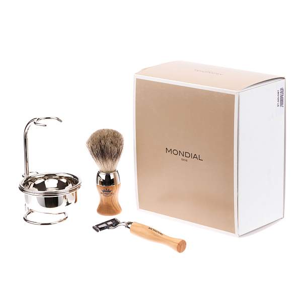 Бритвенный набор Mondial: станок, помазок, чаша, подставка; оливковое дерево ST-445-OMT MONDIAL, Артикул: ST-445-OMT фото №1
