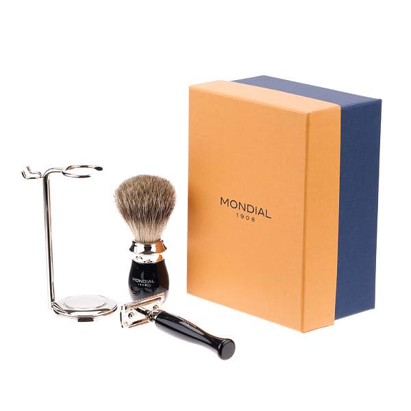 Бритвенный набор Mondial: классический станок, помазок, подставка; чёрная смола ST-335-NST MONDIAL, Артикул: ST-335-NST фото №1