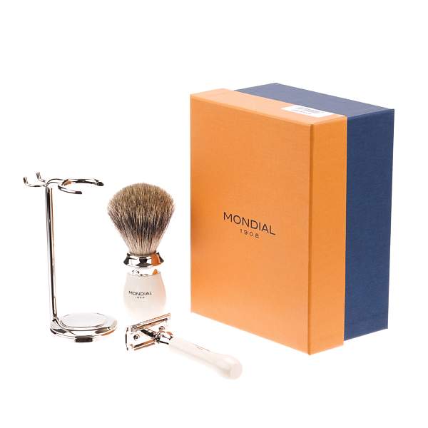 Бритвенный набор Mondial: классический станок, помазок, подставка; слоновая кость ST-335-AST MONDIAL, Артикул: ST-335-AST фото №1