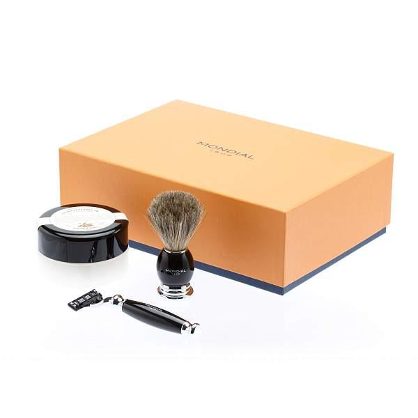 Бритвенный набор Mondial: станок MACH3, помазок, крем для бритья Mandorla, цвет черный GB-FIZ-BL-STK-M3-M MONDIAL, Артикул: GB-FIZ-BL-STK-M3-M фото №1