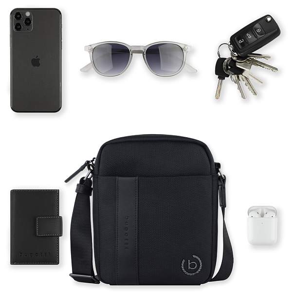 Сумка наплечная мужская BUGATTI Nero, чёрная, нейлон 1680D/кожа, 17х5х21 см 49640601 BUGATTI, Артикул: 49640601 фото №1