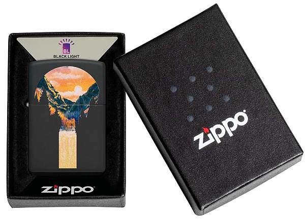 Зажигалка ZIPPO Mountain Waterfall с покрытием Black Light, латунь/сталь, черная,матовая 38x13x57 мм 48676 Zippo, Артикул: 48676 фото №1