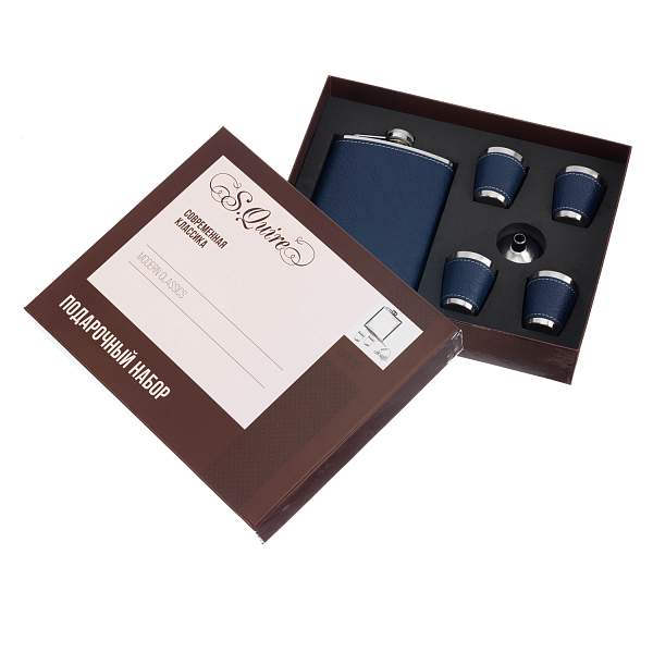 Набор S.Quire фляга 0,24 л, 4 стопки, воронка, сталь, искусственная кожа, синий FLS008 S.QUIRE, Артикул: FLS008 фото №1