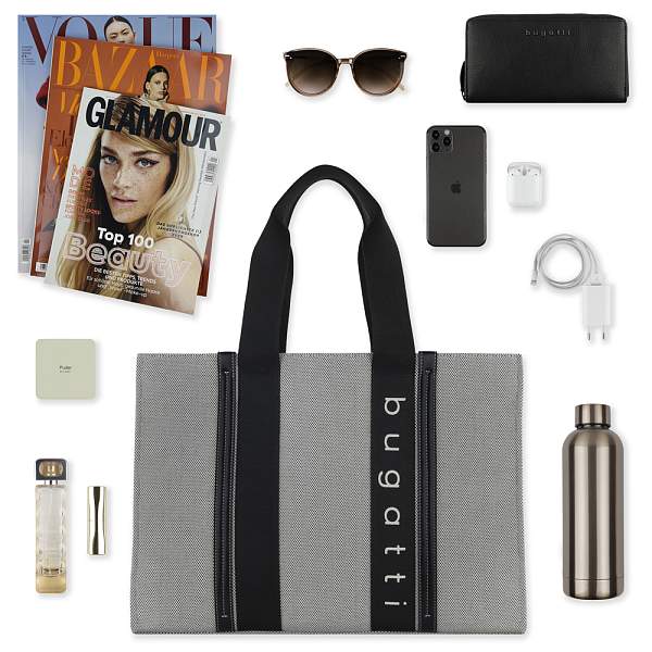 Сумка-тоут женская BUGATTI Ambra, серо-черный цвет, хлопок/полиэстер, 45х14х32 см 49539001 BUGATTI, Артикул: 49539001 фото №1