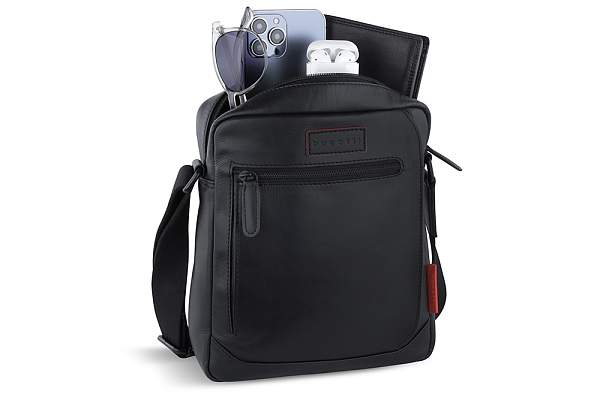 Сумка наплечная мужская BUGATTI Clark, чёрная, воловья кожа/полиэстер, 21х6,5х24 см, 3 л 49235101 BUGATTI, Артикул: 49235101 фото №1