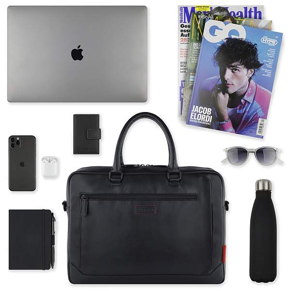 Портфель мужской BUGATTI Clark, чёрный, воловья кожа/полиэстер, 40х9,5х29 см, 10 л 49235301 BUGATTI, Артикул: 49235301 фото №1