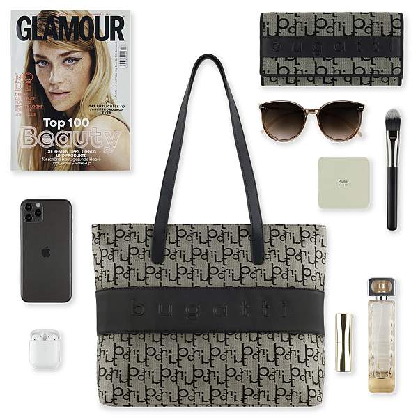 Сумка женская BUGATTI Elea, бежево-черный цвет, жаккард/воловья кожа/полиэстер, 34х12х29 см 49435701 BUGATTI, Артикул: 49435701 фото №1