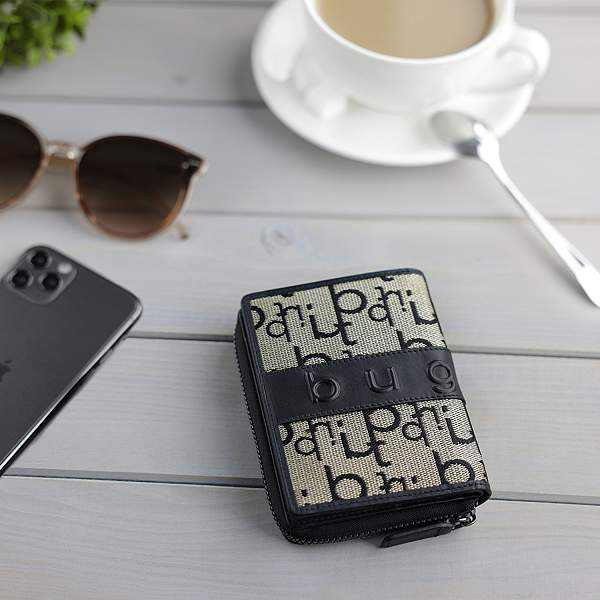 Кошелек женский BUGATTI Elea, бежево-черный цвет, жаккард/воловья кожа/полиэстер, 10х2,5х12 см 49435001 BUGATTI, Артикул: 49435001 фото №1