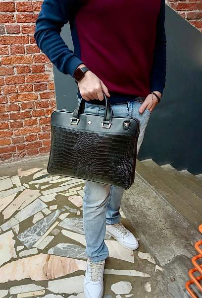 Стильный портфель-сумка из натуральной кожи NARVIN 9751-Aligro Black Vasheron, Артикул: 9751-Aligro Black фото №1