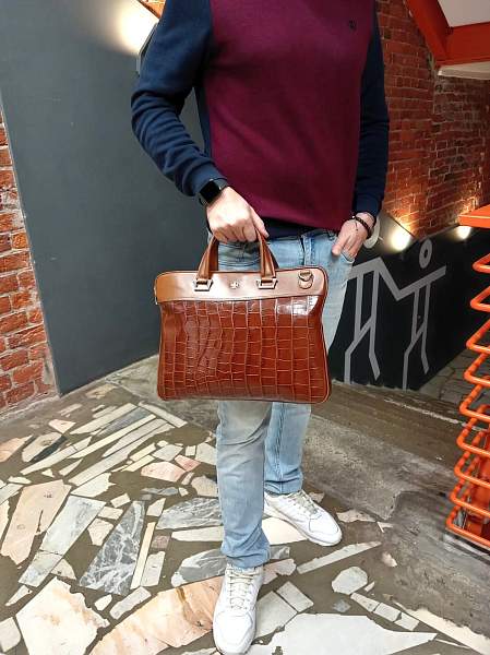 Стильный портфель-сумка из натуральной кожи NARVIN 9751-Croco Brown Vasheron, Артикул: 9751-Croco Brown фото №1