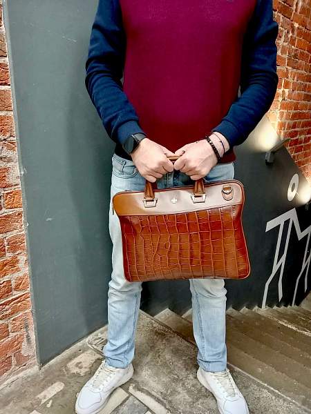 Стильный портфель-сумка из натуральной кожи NARVIN 9751-Croco Brown Vasheron, Артикул: 9751-Croco Brown фото №1