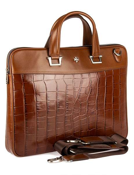 Стильный портфель-сумка из натуральной кожи NARVIN 9751-Croco Brown Vasheron, Артикул: 9751-Croco Brown фото №1