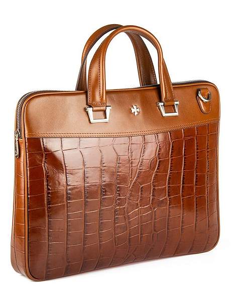Стильный портфель-сумка из натуральной кожи NARVIN 9751-Croco Brown Vasheron, Артикул: 9751-Croco Brown фото №1