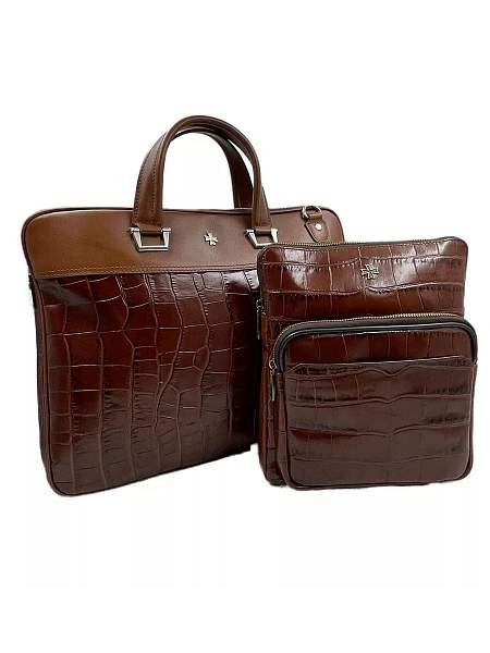 Стильный портфель-сумка из натуральной кожи NARVIN 9751-Croco Brown Vasheron, Артикул: 9751-Croco Brown фото №1