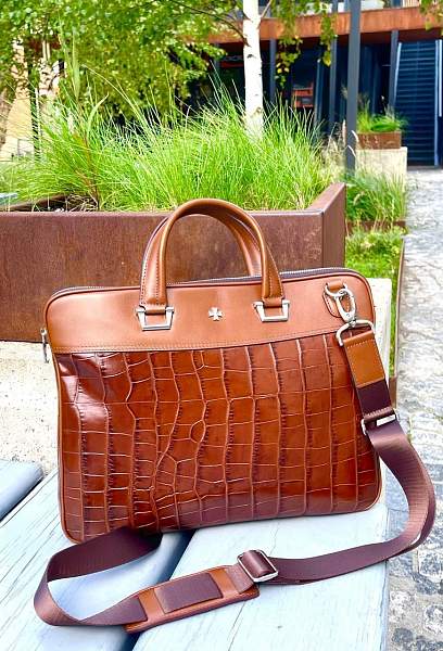 Стильный портфель-сумка из натуральной кожи NARVIN 9751-Croco Brown Vasheron, Артикул: 9751-Croco Brown фото №1