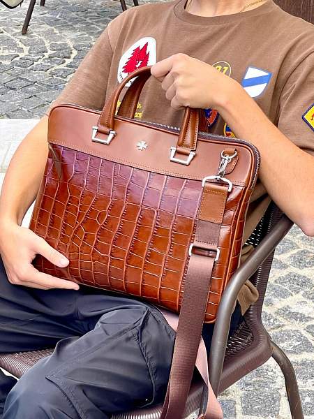 Стильный портфель-сумка из натуральной кожи NARVIN 9751-Croco Brown Vasheron, Артикул: 9751-Croco Brown фото №1