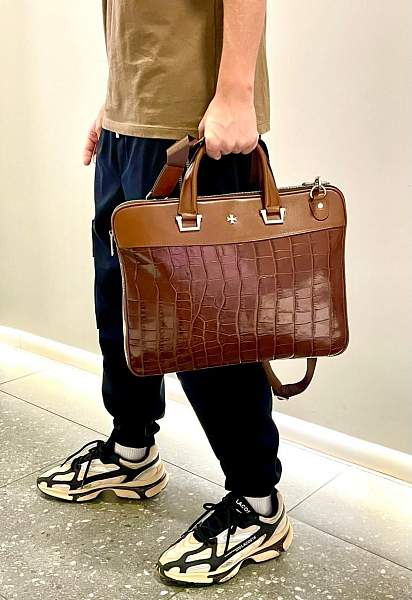 Стильный портфель-сумка из натуральной кожи NARVIN 9751-Croco Brown Vasheron, Артикул: 9751-Croco Brown фото №1