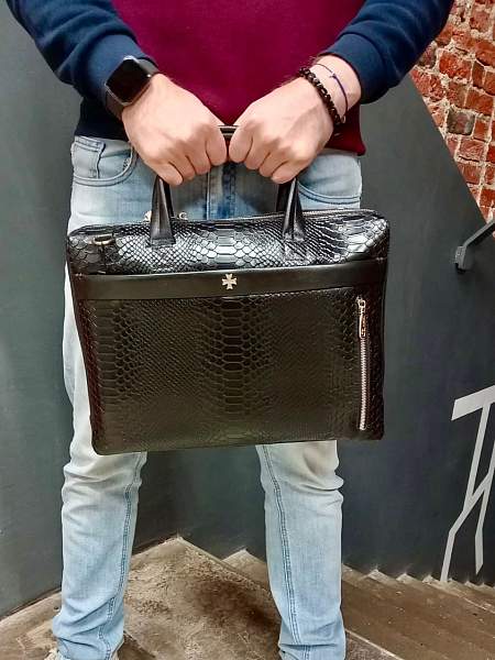 Портфель-сумка NARVIN 9752-Anaconda Black из натуральной кожи  Vasheron, Артикул: 9752-Anaconda Black фото №1