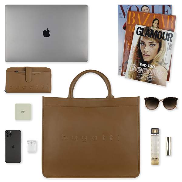 Сумка-тоут женская BUGATTI Daphne, коньячный цвет, воловья кожа/полиэстер, 41х15х34,5 см 49569007 BUGATTI, Артикул: 49569007 фото №1