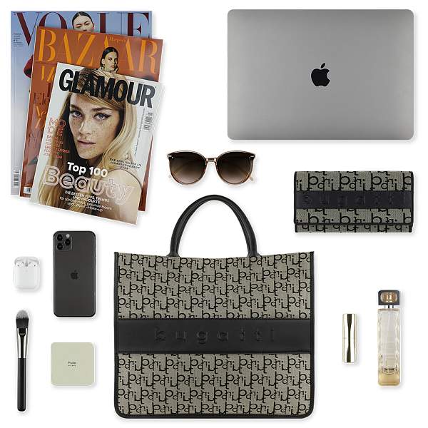 Сумка-тоут BUGATTI Elea, бежево-черный цвет, жаккард/воловья кожа/полиэстер 41 х 15 х 34,5 см 49435401 BUGATTI, Артикул: 49435401 фото №1