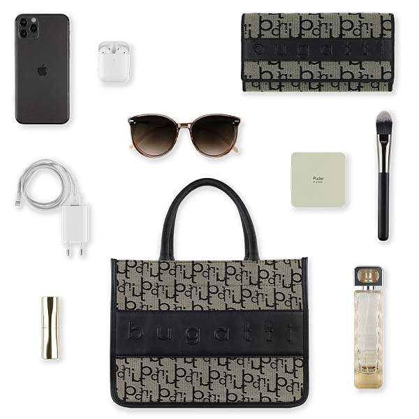 Сумка-тоут BUGATTI Elea, бежево-черный цвет, жаккард/воловья кожа/полиэстер, 30 х 13 х 22,5 см 49435301 BUGATTI, Артикул: 49435301 фото №1