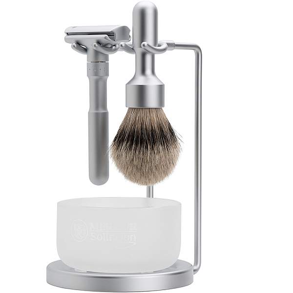 Набор бритвенный MERKUR FUTUR, 4 предмета: станок Т- образный, помазок, подставка, чаша, матовое хромированное покрытие, лезвия в комплекте (10 шт) 750002 MERKUR, Артикул: 750002 фото №1