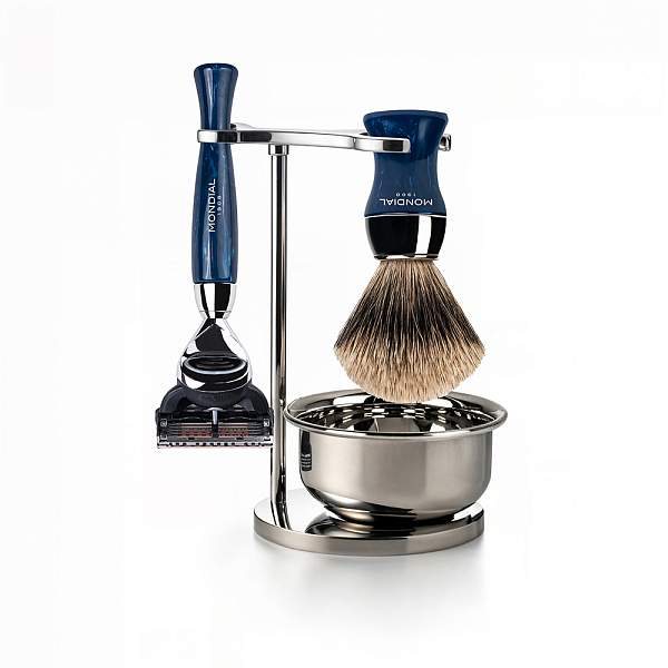 Бритвенный набор MONDIAL HERITAGE AXOLUTE: станок, помазок, подставка, чаша, смола в синем цвете/никелированная латунь, FUSION, в картонной коробке ST-945-BLFCT MONDIAL, Артикул: ST-945-BLFCT фото №1
