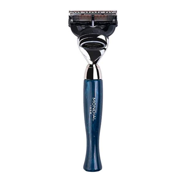 Бритвенный набор MONDIAL HERITAGE AXOLUTE: станок, помазок, подставка, чаша, смола в синем цвете/никелированная латунь, FUSION, в картонной коробке ST-945-BLFCT MONDIAL, Артикул: ST-945-BLFCT фото №1