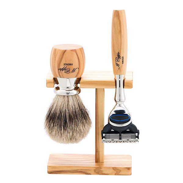Бритвенный набор IL Ceppo: станок, помазок, подставка, оливковое дерево/никелированная латунь, FUSION, натуральный ворс барсука BEST BADGER SET-S11461FT IL CEPPO, Артикул: SET-S11461FT фото №1