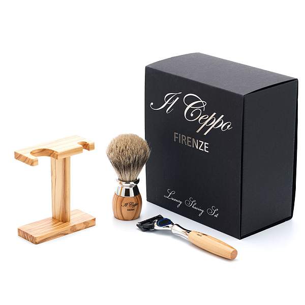 Бритвенный набор IL Ceppo: станок, помазок, подставка, оливковое дерево/никелированная латунь, FUSION, натуральный ворс барсука BEST BADGER SET-S11461FT IL CEPPO, Артикул: SET-S11461FT фото №1