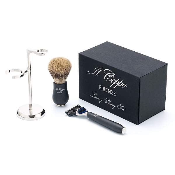Бритвенный набор IL Ceppo: станок, помазок, подставка, качуковая смола/никелированная латунь, FUSION, натуральный ворс барсука BEST BADGER SET-S10316FT IL CEPPO, Артикул: SET-S10316FT фото №1