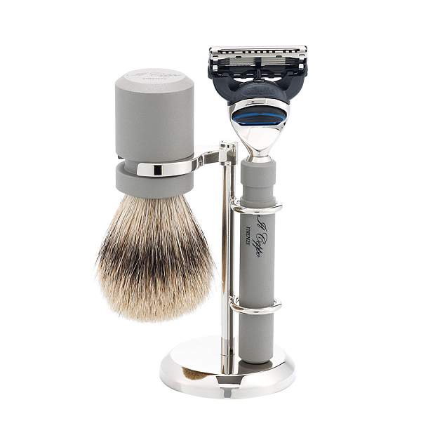 Бритвенный набор IL Ceppo:станок, помазок, подставка, алюминий/никелированная латунь, FUSION, натуральный ворс барсука BEST BADGER, размер узла M (22) SET-S11972FT IL CEPPO, Артикул: SET-S11972FT фото №1