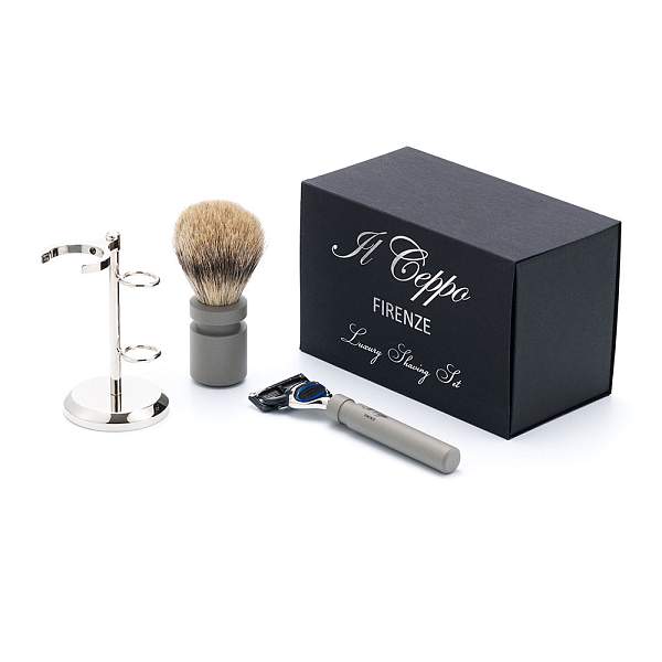 Бритвенный набор IL Ceppo:станок, помазок, подставка, алюминий/никелированная латунь, FUSION, натуральный ворс барсука BEST BADGER, размер узла M (22) SET-S11972FT IL CEPPO, Артикул: SET-S11972FT фото №1