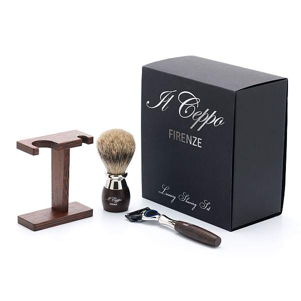 Бритвенный набор IL Ceppo:станок, помазок, подставка, венге/никелированная латунь, FUSION, натуральный ворс барсука BEST BADGER, размер узла M (22 мм) SET-S11360FT IL CEPPO, Артикул: SET-S11360FT фото №1