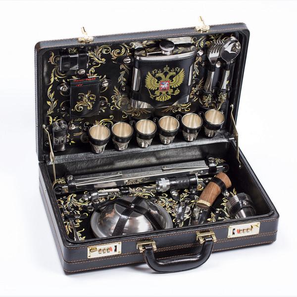 Шашлычный набор подарочный для пикника в дипломате «Дорожный» черный принт (на 6 персон) AKSO 118КИ6-ЧЕР-П АКСО, Артикул: 118КИ6-ЧЕР-П фото №1