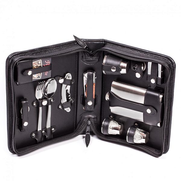 Подарочный дорожный набор в кожаной сумке (2 персоны) черный AKSO 204КК2 АКСО, Артикул: 204КК2 фото №1