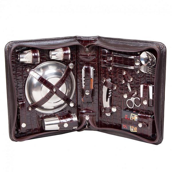 Подарочный дорожный набор в кожаной сумке (2 персоны) коричневый AKSO 206КК2 АКСО, Артикул: 206КК2 фото №1
