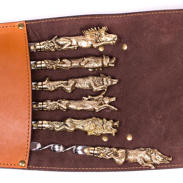 Подарочный набор шампуров 6шт. в колчане из натуральной кожи (разные звери) AKSO 373РА6-Г АКСО, Артикул: 373РА6-Г фото №1
