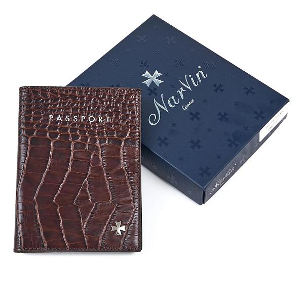 Обложка на паспорт из натуральной кожи NARVIN 9161-Croco Brown Vasheron, Артикул: 9161-Croco Brown фото №1